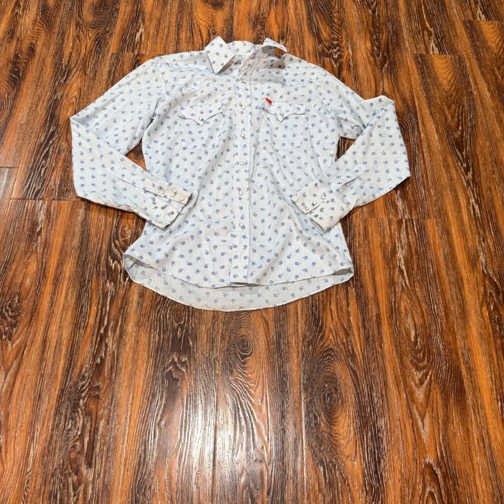 Ely Plains 15.5 -35 Western Pearl Snap Shirt Mens Blue Floral Stripe Long Sleeve